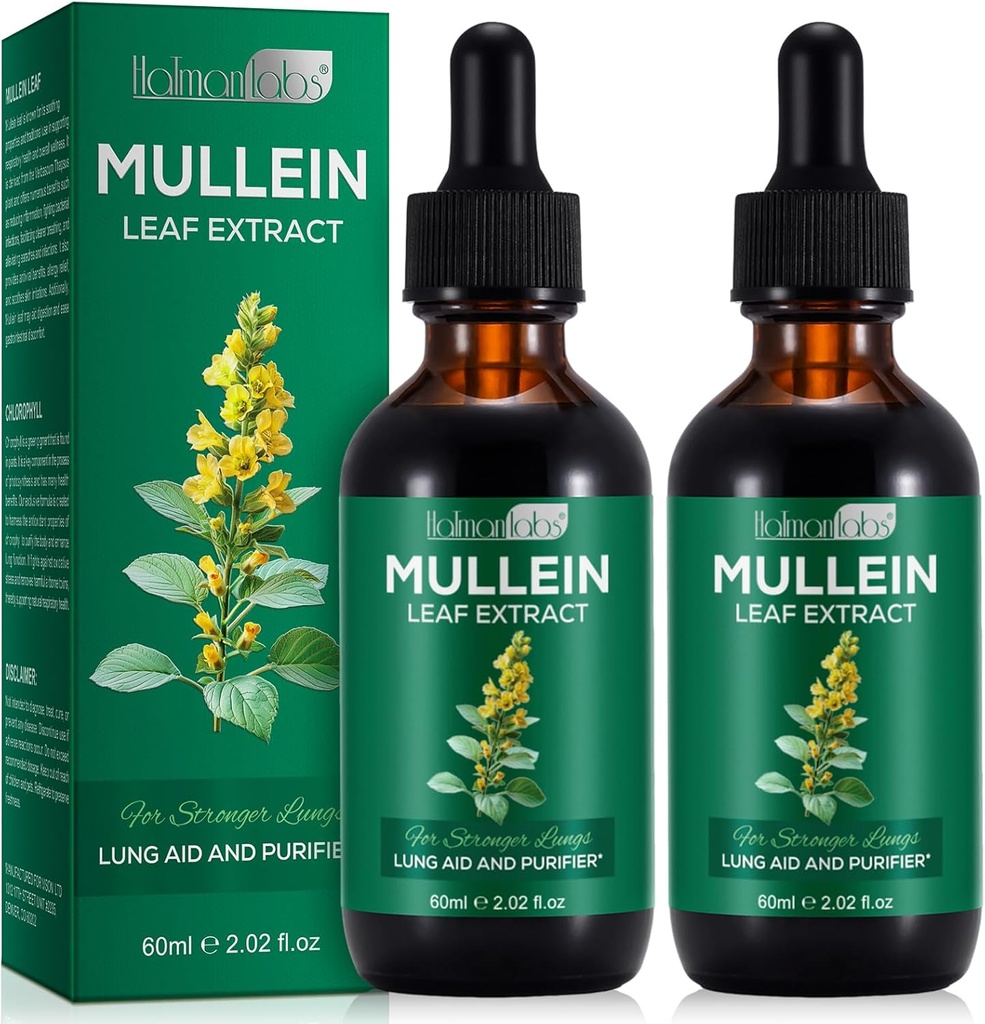 2 Lungs, Natural Mullein Herbal Supplements, Lung Cleanse 및 Respiratory Support, 2.02 fl oz 용 Mullein 잎 추출물