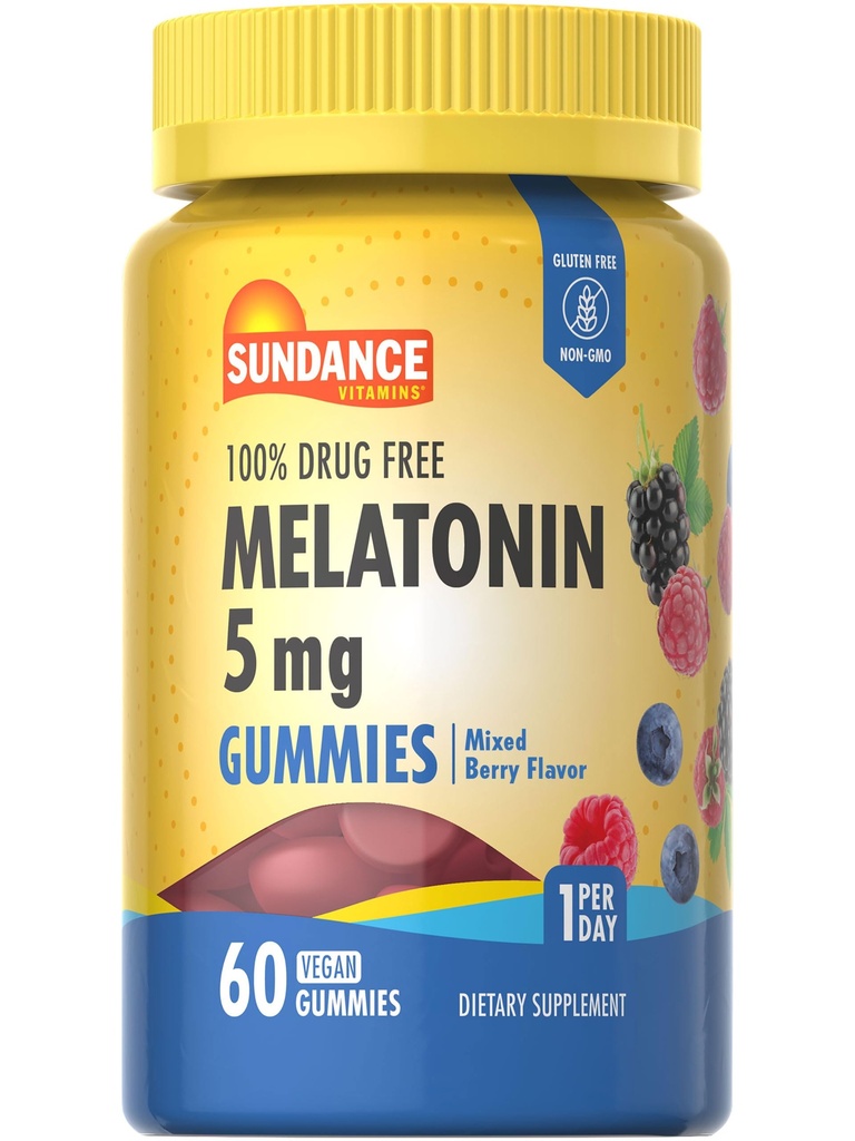 Sundance Melatonin Gummies 5mg | 60 개 | 혼합 Berry 맛 | 비건, 비 GMO & 글루텐 무료 보충