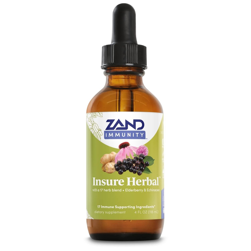 ZAND HERBALS Insure 초본 액체 혼합 - 17의 웰니스 성분 - w/Echinacea, Elderberry, Ginger, Sage, Peppermint 및 더 많은 것 - 글루텐 자유로운, Vegan, 비 GMO, 60 일 보증, 147의 서빙, 4개의 FL OZ