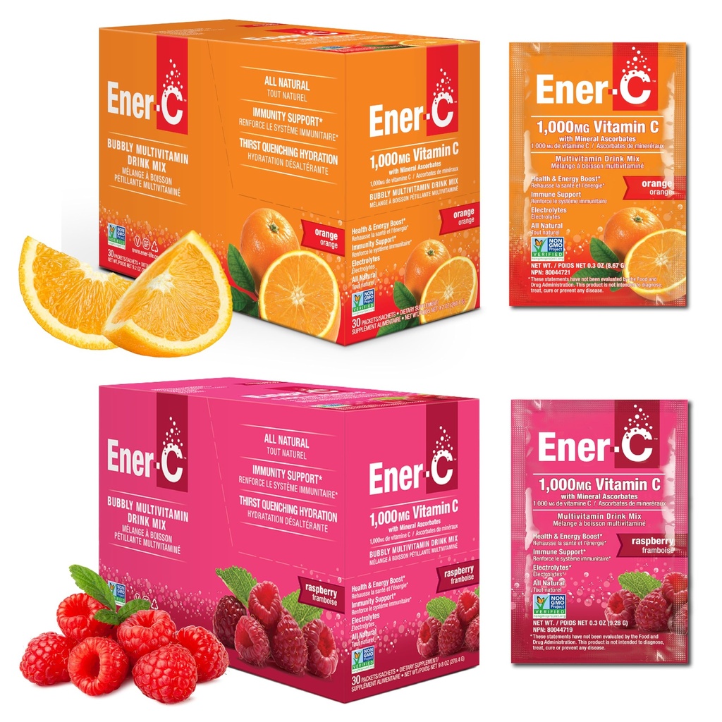 Ener-C 오렌지 & 라즈베리 Multivitamin 음료 혼합 분말 비타민 C 1000mg & 여성 & 남자를위한 진짜 과일 주스 자연 에너지 및 면역 지원 - Non-GMO Vegan & 글루텐 무료 - 60 카운트