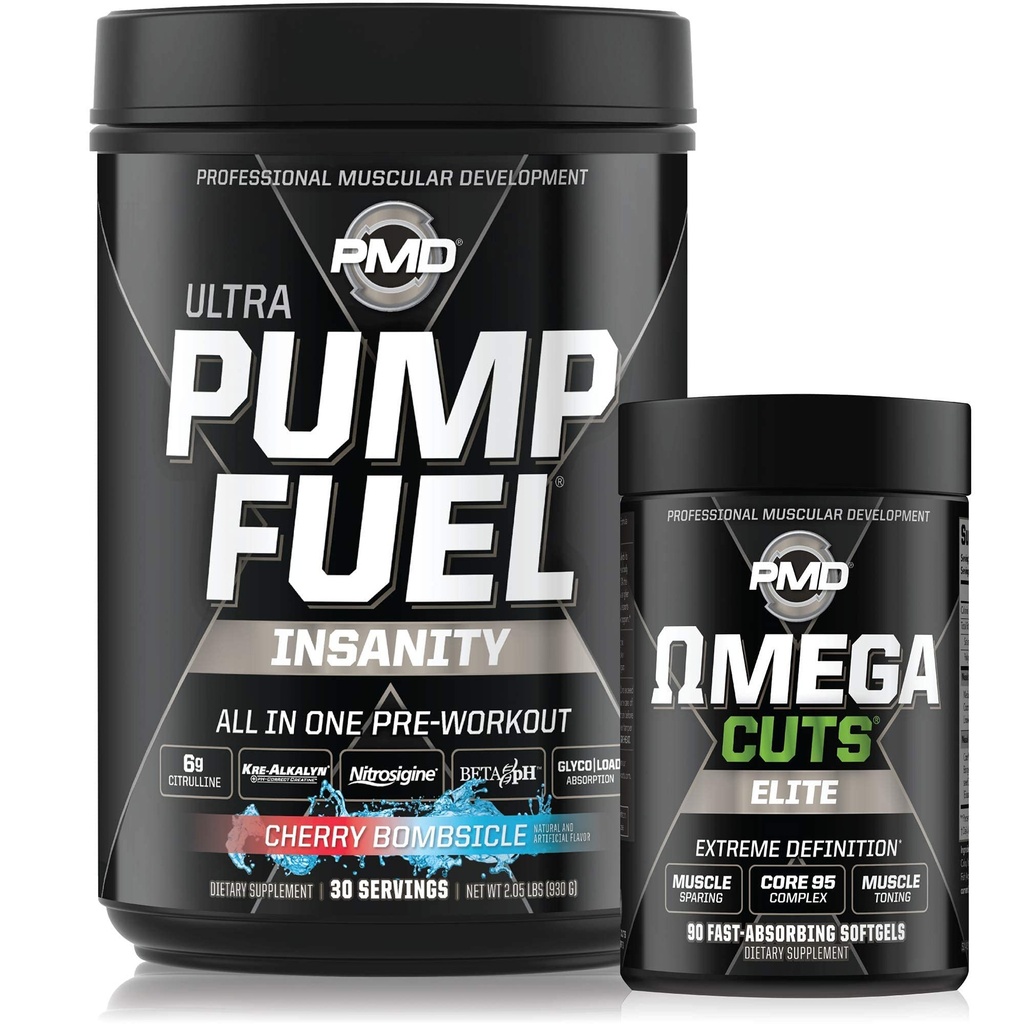 PMD Sports Ultra Pump Fuel Insanity - Pre Workout - Cherry Bombsicle (30 서빙) 스포츠 오메가 엘리트 Thermogenic 지방 버너를 잘라 (90 Softgels)
