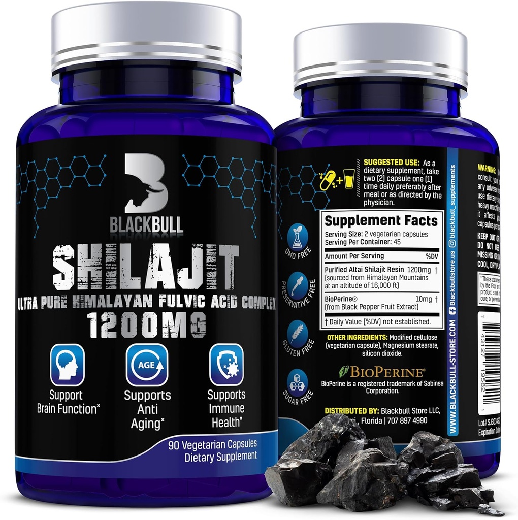 Blackbull Shilajit 순수한 Himalayan 유기 캡슐 - 20% Fulvic 산 보충교재, 뇌 건강, 노후화 면역 지원과 천연 Shilajit 수지 유기 - 순수한 Himalayan Shilajit