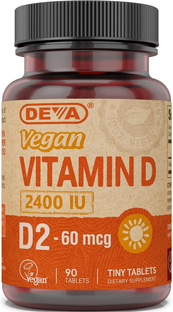 DEVA Vegan 비타민 D2 60 mcg 2400 IU의 동물성 성분 없음을 가진 Ergocalciferol 보충교재, 90의 정제, 1 팩