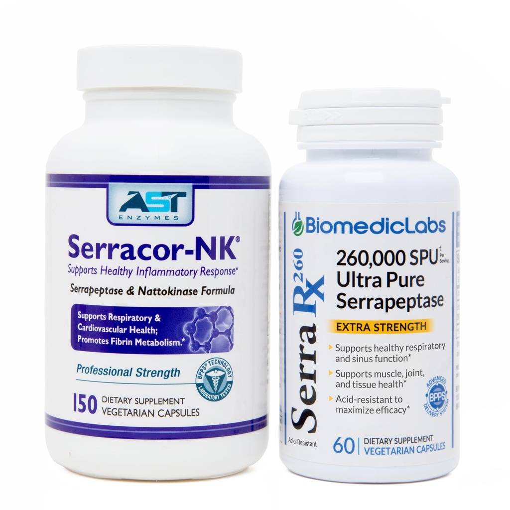 Serracor-NK & Serra-RX 260,000 SU - 흉터 조직 번들 (150 캡슐 & 60 캡슐) - 산 저항하는 Serrapeptase Proteolytic 체계 효소, 호흡 & 폐 지원
