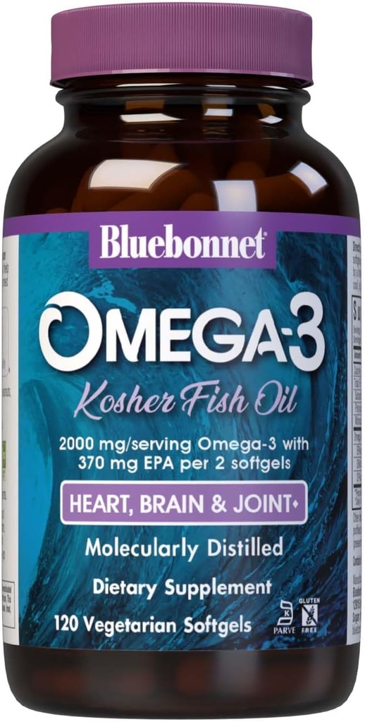 Bluebonnet Nutrition Omega-3 Kosher Fish Oil, Natural Triglyceride Form, 글루텐 프리, Dairy-Free, Kosher Certified, Non-GMO, 3rd Party Tested, 분자 증류, 120 채식 Softgel, 60 서빙