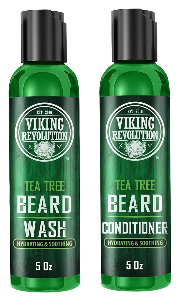 Viking Revolution Tea Tree Beard Wash and 컨디셔너 세트 남성 - Argan Oil, 비타민 E 및 Ginseng (5 Oz)와 천연 Beard Softener