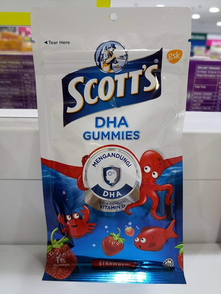 Scott의 DHA Gummies, Strawberry Flavour, 15s, 비타민 D, 아이들과 건강한 면역 기능의 건강한 성장 & 발달을 위한 본질.