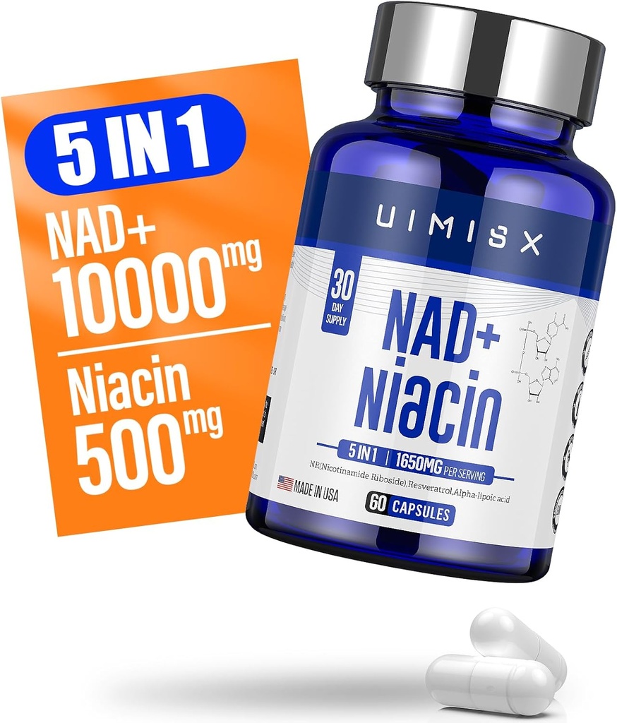NAD+ 보충교재 1000mg & Niacin (비타민 B3) 500mg의 여자와 남자를 위한 Nad 플러스 밀어주는 보충교재, Nicotinamide Riboside (NR)는 노화 방지, 에너지, 두뇌, 근육, 비 GMO, 글루텐 자유로운, 74를 지원합니다