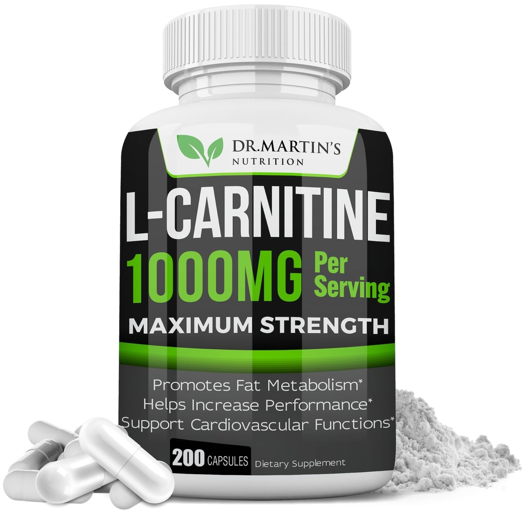 DR. MARTIN'S NUTRITION 여분 강도 L-Carnitine - 200 캡슐 - 1000mg 서빙 - Metabolism 및 증가 성능 향상