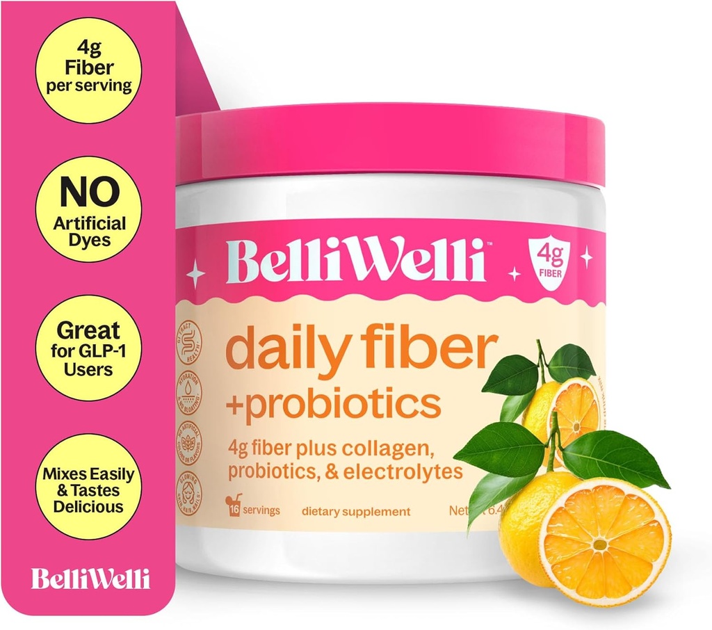 BelliWelli Fiber Supplement for Women & Men – 추가된 교원질을 가진 유기 Acacia에서 우수한 매일 섬유 분말, Electrolytes & Probiotics – Bloat 없음, 변비 & Gut 건강 지원 (오렌지 Yuzu)