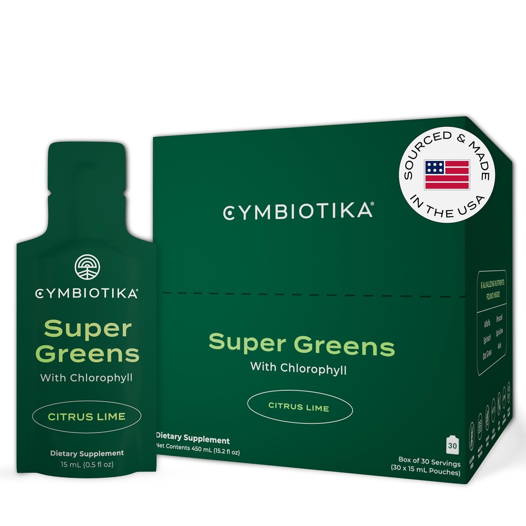 Chlorophyll, Spirulina, Digestive Gut 건강, Detox, 에너지 및 면역 지원, Citrus Lime 풍미, 15 mL 주머니, 30 팩을 위한 매일 Vegan Superfood Packets를 가진 CYMBIOTIKA 최고 녹색 보충교재