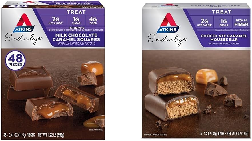 Atkins Endulge 우유 초콜릿 카라멜 광장 48 카운트 & 초콜릿 카라멜 Mousse Bars 5 카운트 번들