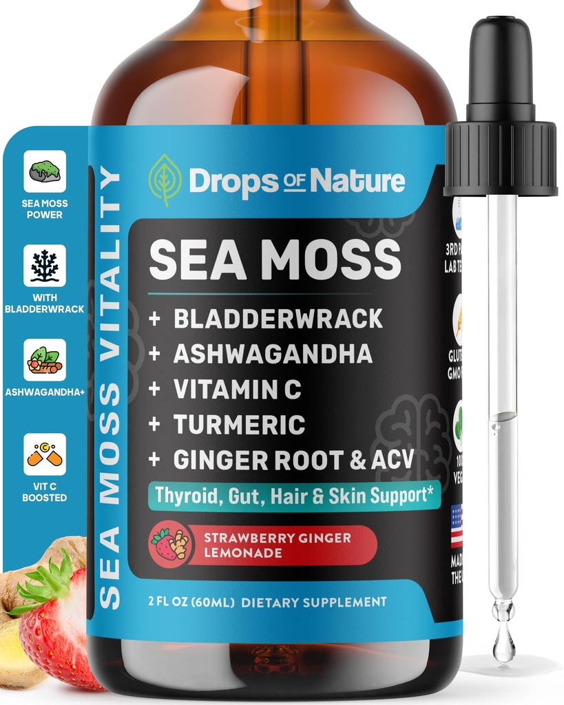 Ashwagandha & Turmeric Liquid Drops - 비타민 C, Sea Moss, Apple Cider Vinegar, Bladderwrack - 포괄적 인 웰빙 지원을위한 Vegan 액체 드롭 & Vital Immunity (Strawberry Ginger Lemonade, 60mL)