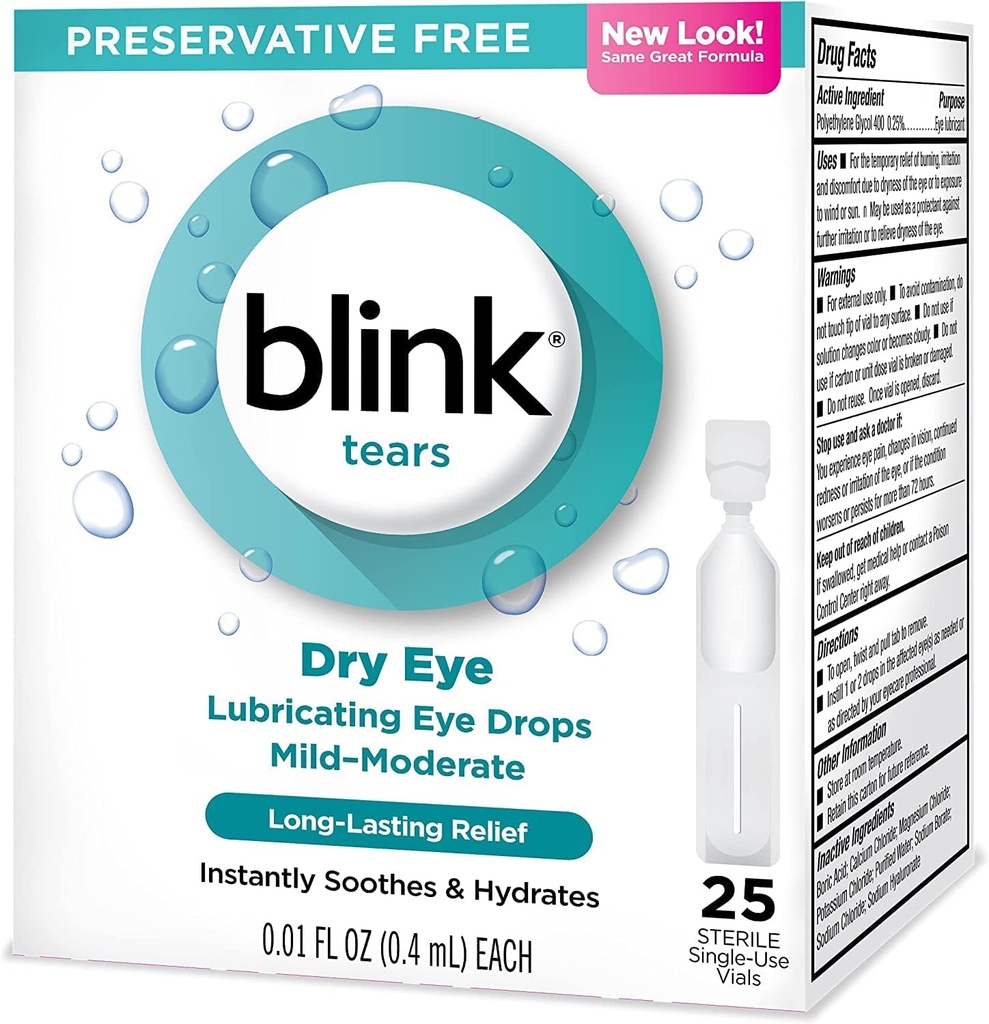 Blink Tears 윤활 Eye Drops Mild-Moderate 건조한 눈 .01 Fl Oz 25 조사