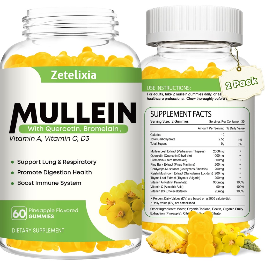 명확한 Lungs를 위한 Mullein Gummies, Lungs를 위한 1개의 Mullein 잎 추출물, Lung Cleanse를 위한 Mullein Quercetin Gummies, 호흡, 면역, 파인애플 풍미, 120 조사