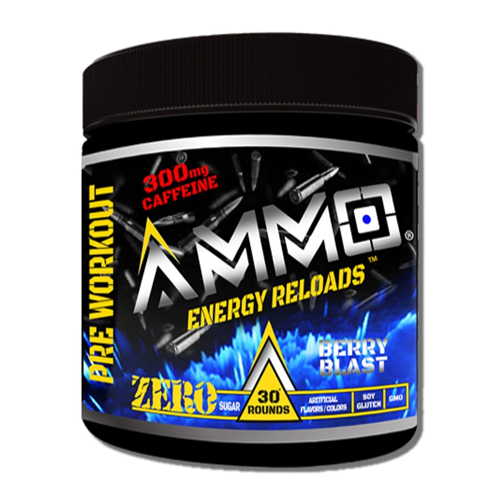 AMMO ® Energy ReloadsTM Pre Workout Powder - 300mg Caffeine Zero Sugar Vital Aminos 및 Electrolytes 아니 인공 향료 또는 색상 (베리 폭발)