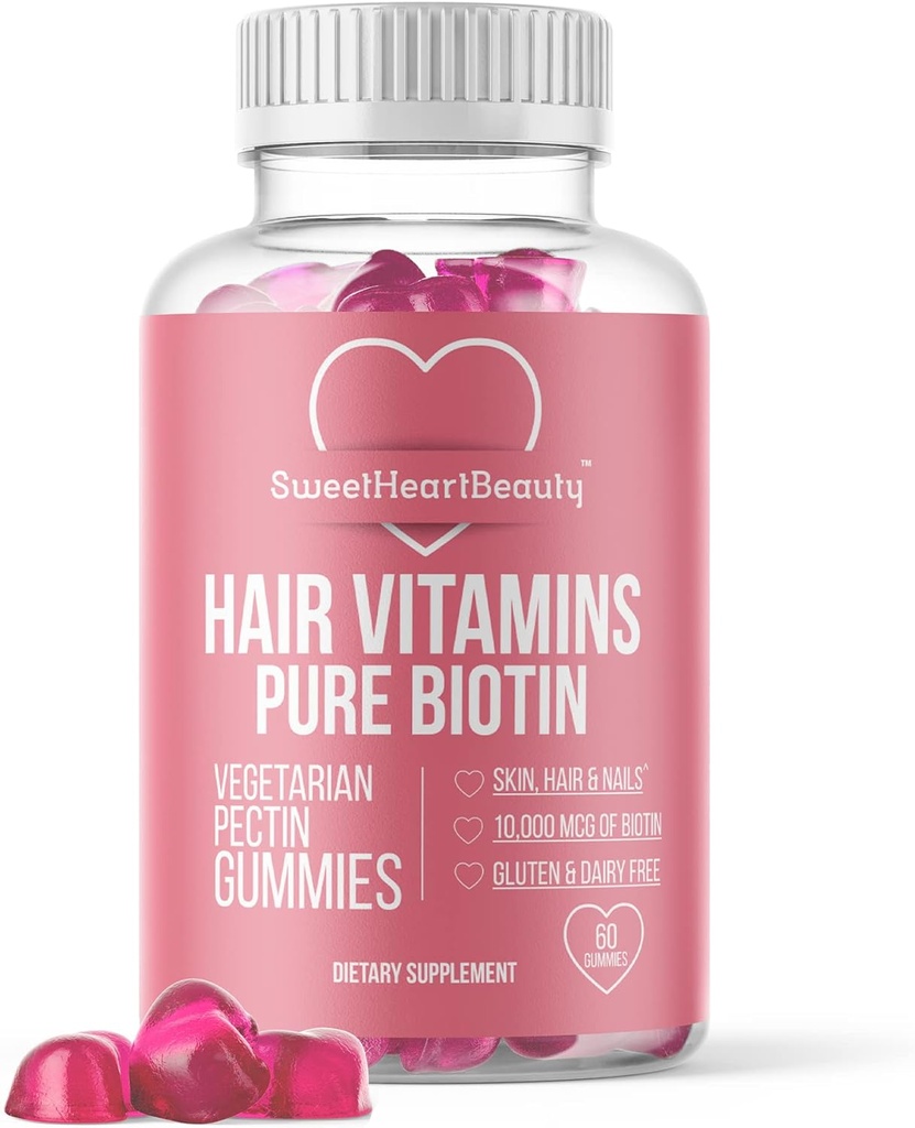 Biotin 10000mcg Gummies by Sweetheart Beauty - 여성, 남성 및 어린이를위한 머리 피부와 손톱을위한 Biotin Gummies - 헤어 비타민 Gummy - Vegan, Non-GMO, 60 Biotin Chewables for Faster Hair Growth
