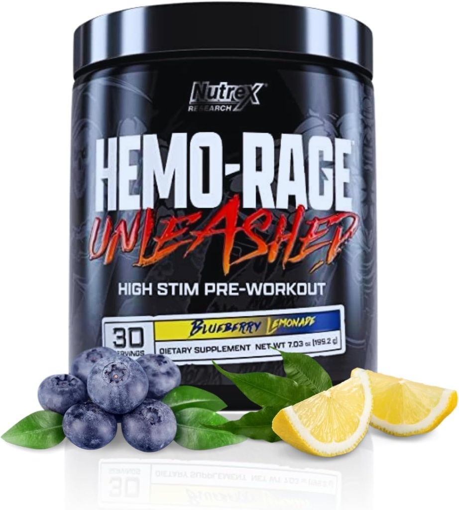 Nutrex Research Hemo-Rage Extreme High Stim Pre Workout Powder | Insane Lasting Energy, Focus, Endurance & Pump Booster Preworkout Supplement | 블루베리 레몬 30 인분