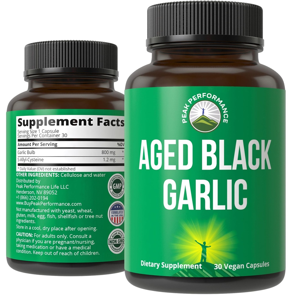 피크 성능 Aged 블랙 마늘 캡슐. Cholesterol, Immune 지원을 위한 익지않는 Vegan 순수한 Odorless 추출물 보충교재 알약. S-Allyl Cysteine와 산화 방지제를 가진 마늘 전구에서