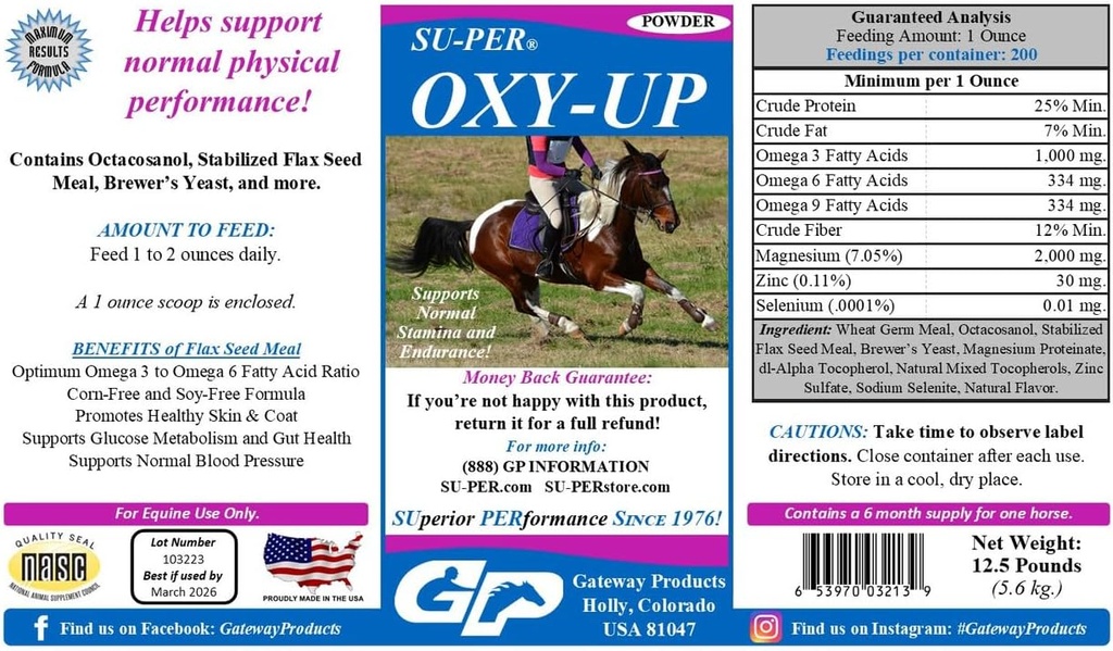 SU-PER Oxy-Up Performance Horse Supplement - 정상 체력과 내구력 지원 - Wheat Germ Extract, B-Complex Vitamins, 마그네슘 - 12.5 파운드, 6 개월 공급