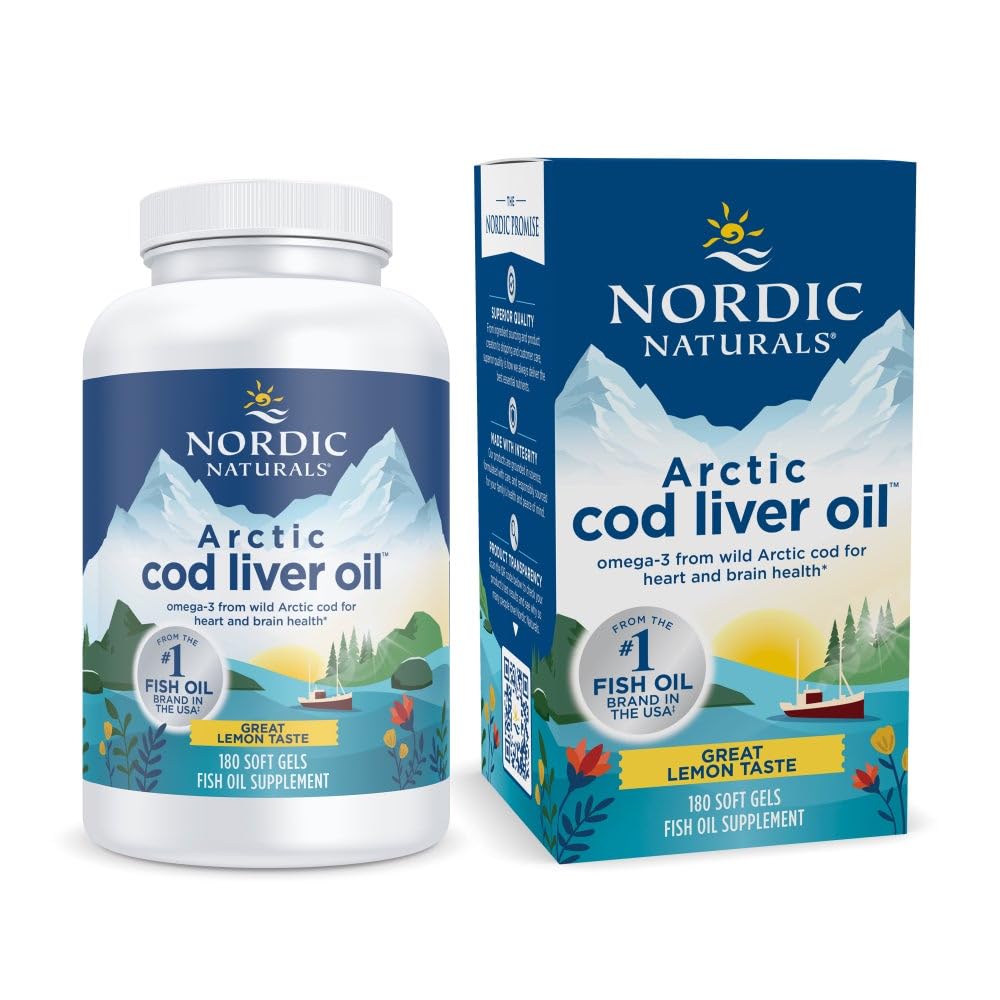 북유럽 자연 Arctic Cod Liver 오일, 레몬 - 180 소프트 젤 - 750 mg 총 오메가-3s EPA 및 DHA - 심장 및 뇌 건강, 건강한 면역, 전반적인 웰빙 - Non-GMO - 60 서빙