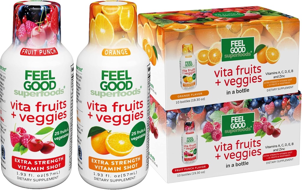 FeelGood Superfoods Vita Fruits and Veggies Immune Support Shot Supplements, 25 유기농 과일 및 채소, 음료 Immunity Booster, 10 오렌지 및 10 과일 펀치 풍미, 20의 콤보 팩