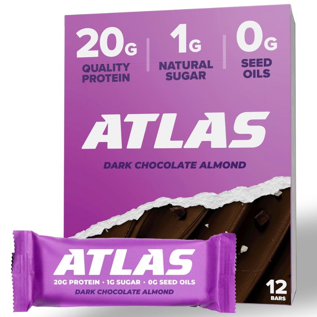 Atlas Bar - 20g Protein, 1g Sugar, 0g Seed Oil, 0g 인공 감미료 (Dark Chocolate Almond, 12 카운트)