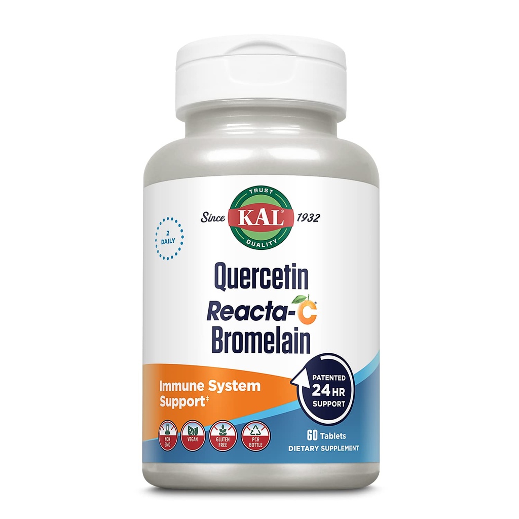 KAL Quercetin Reacta-C Bromelain Immune 지원 보충교재, Bioflavonoids, 비타민 C 1000mg 및 Quercetin 500mg, Vegan, 글루텐 자유로운, 60 일 보장, 30 봉사, 60의 정제를 가진 24 시간 면역성 방위