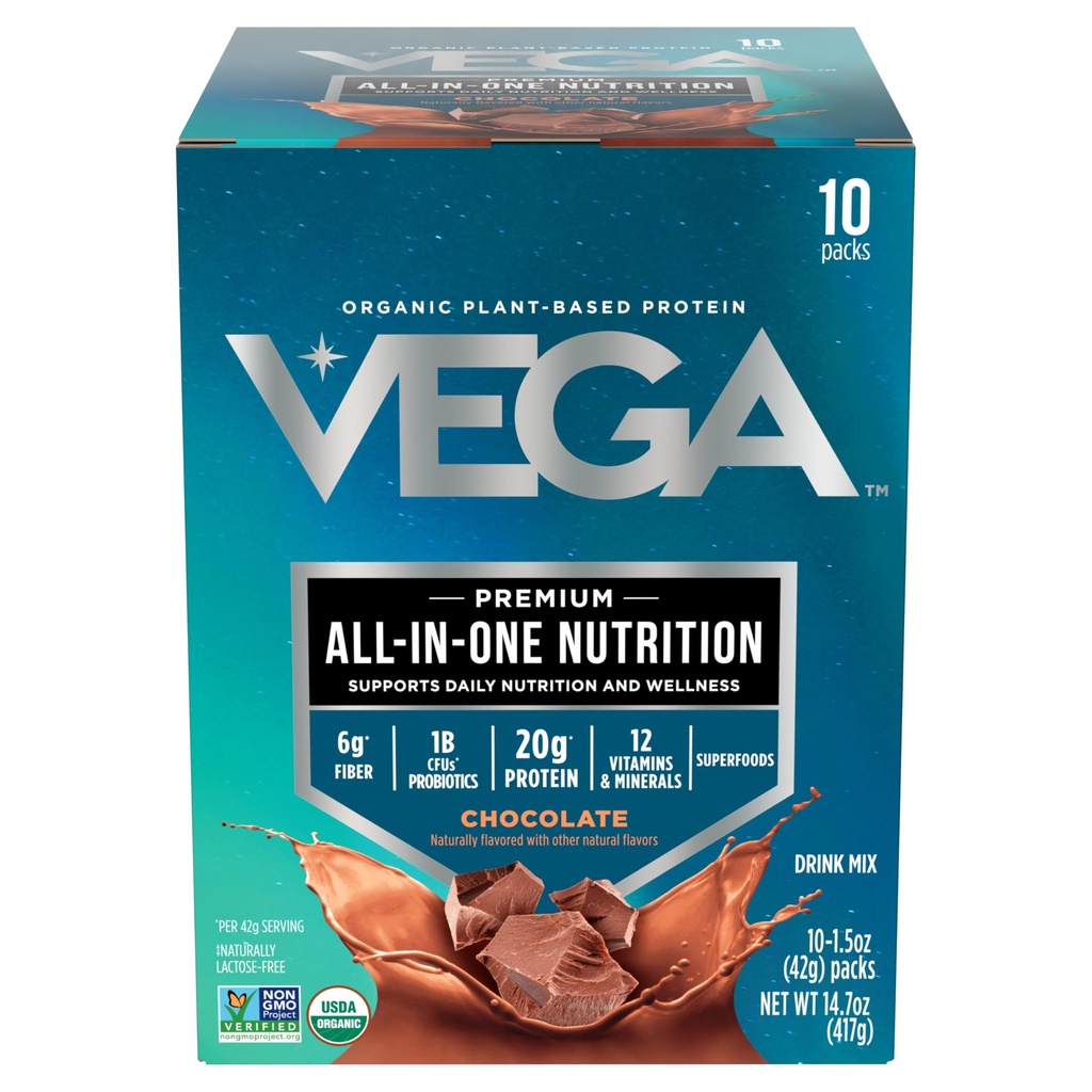 Vega Organic All-in-One Vegan Protein Powder, Chocolate - Superfood Ingredients, 면역 지원을위한 비타민, 여성 및 남성용 완두 단백질, 14.7 oz (패키지 May Vary)