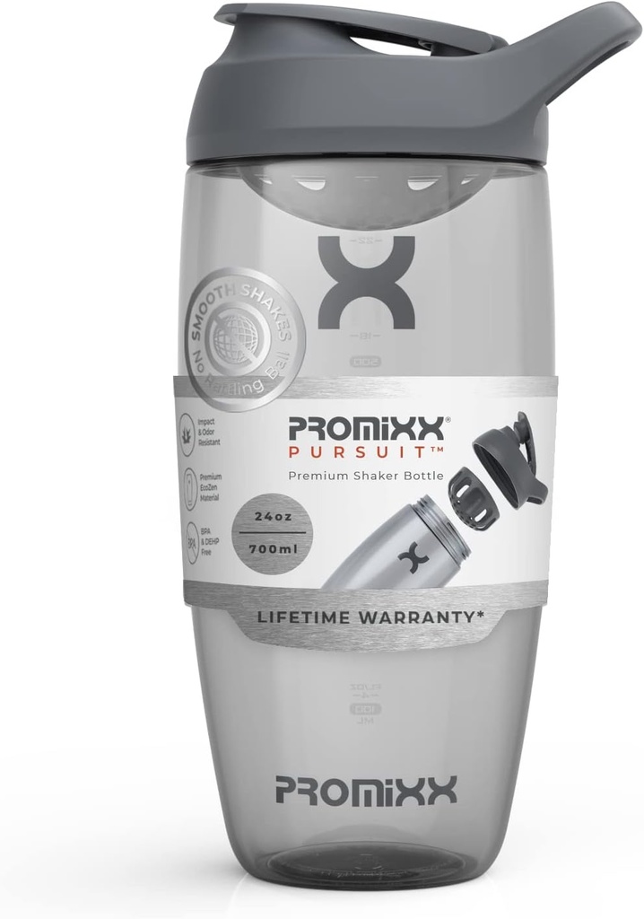 Promixx Pursuit Protein Shaker Bottle (24 oz) - Silent No-Ball 믹서, 누출 방지 뚜껑, BPA / BPS 및 Phthalate-Free ECOZEN - 단백질 쉐이크, Pre & Post-Workout 스무디를위한 쉬운 청소 셰이커 컵