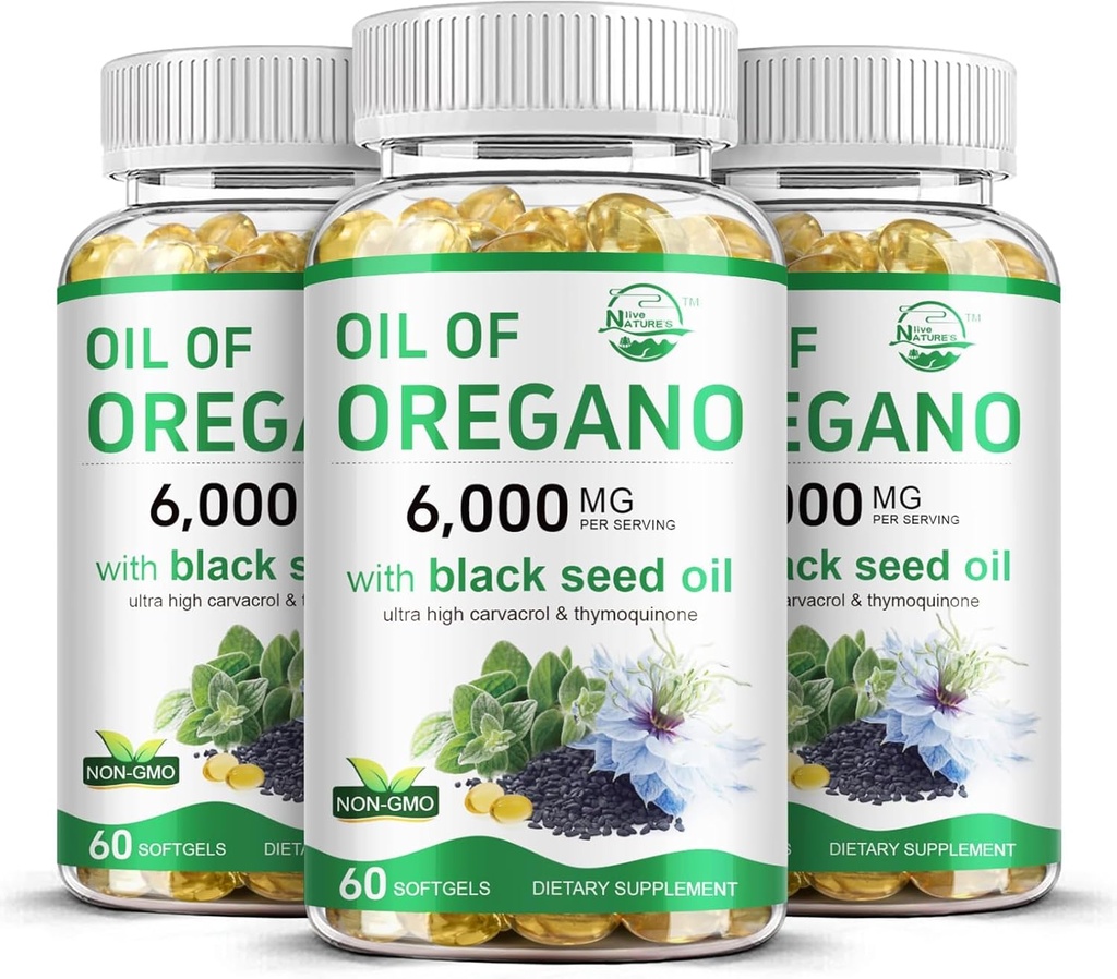 Nature's live oil of Oregano with Black Seed Oil, 2 in 1 Oregano Supplement for Immune Health, Retains High Concentrated Carvacrol & Thymoquinone, Non-GMO, 3 Pack