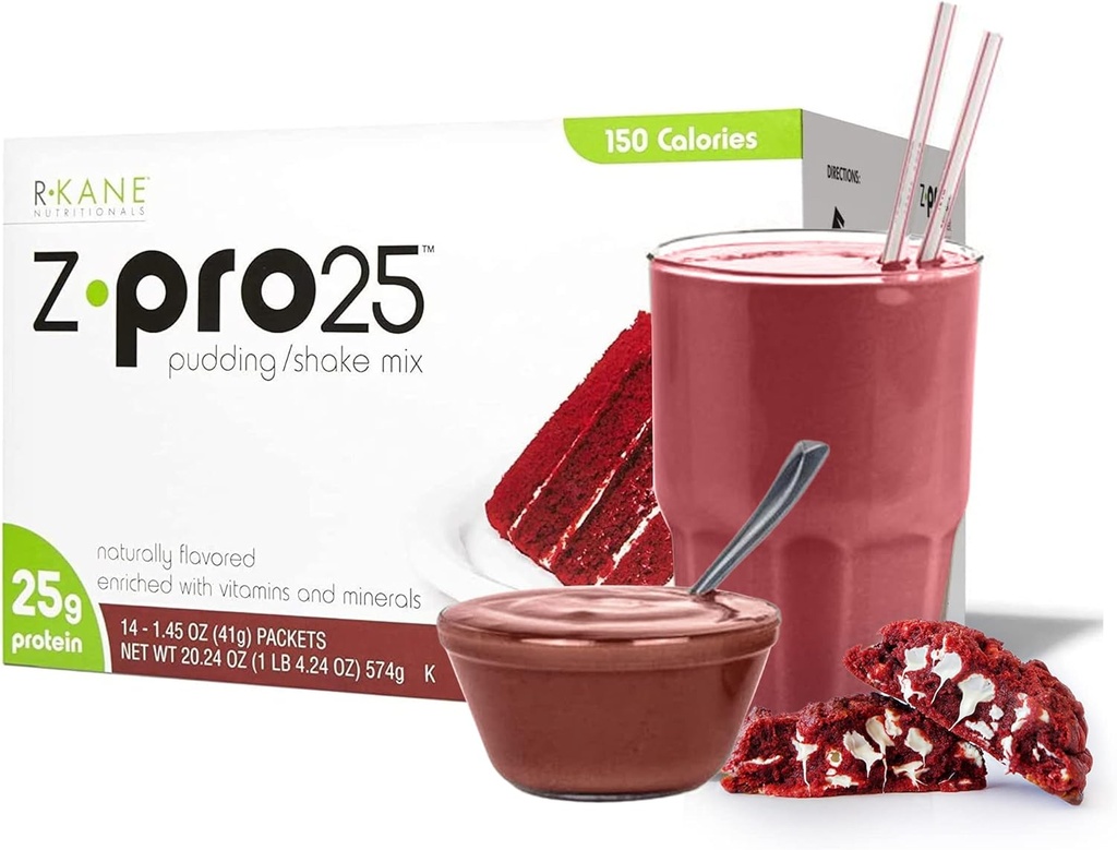R-Kane Nutritionals Z-Pro Red Velvet Protein Drink Mix - 높은 단백질, 낮은 칼로리 낮은 지방 Shake 및 Pudding Mix - 식사 교체, On-The-Go Packets - 조식 부스트 - 25g Protein - 14 Packets