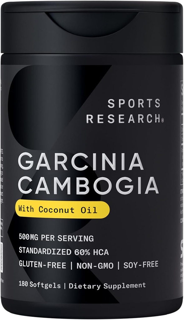 스포츠 연구 Garcinia Cambogia 추출 (60% HCA) 추가 버진 유기 코코넛 오일 | Non-GMO, Soy & Gluten 무료 (180 액체 Softgels)