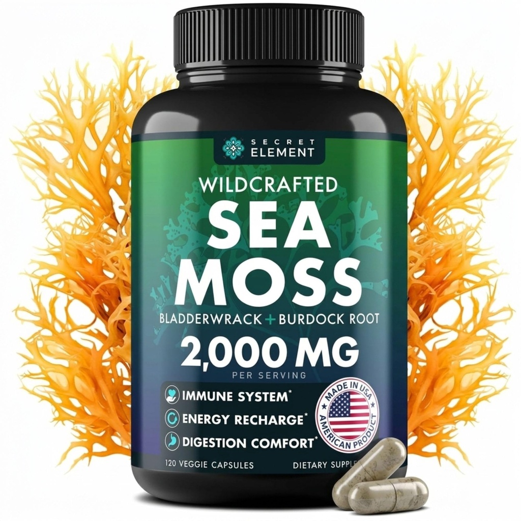 Sea Moss 캡슐 - 아일랜드어 Sea Moss Burdock 뿌리, Bladderwrack & Muira Puama Immunity, Gut, & Energy - Superfood Sea Moss 보충제 w / Raw Sea Moss 파우더 - 120 아일랜드어 Seamoss 알약