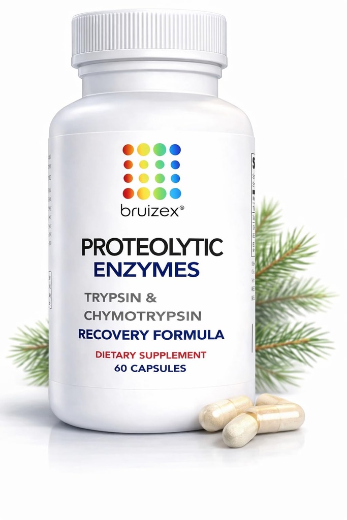 Bruizex Proteolytic 효소| Trypsin & Chymotrypsin Recovery Supplement for Tissue Trauma, Bruising, Swelling | 면역 체계 지원 | 60 모자