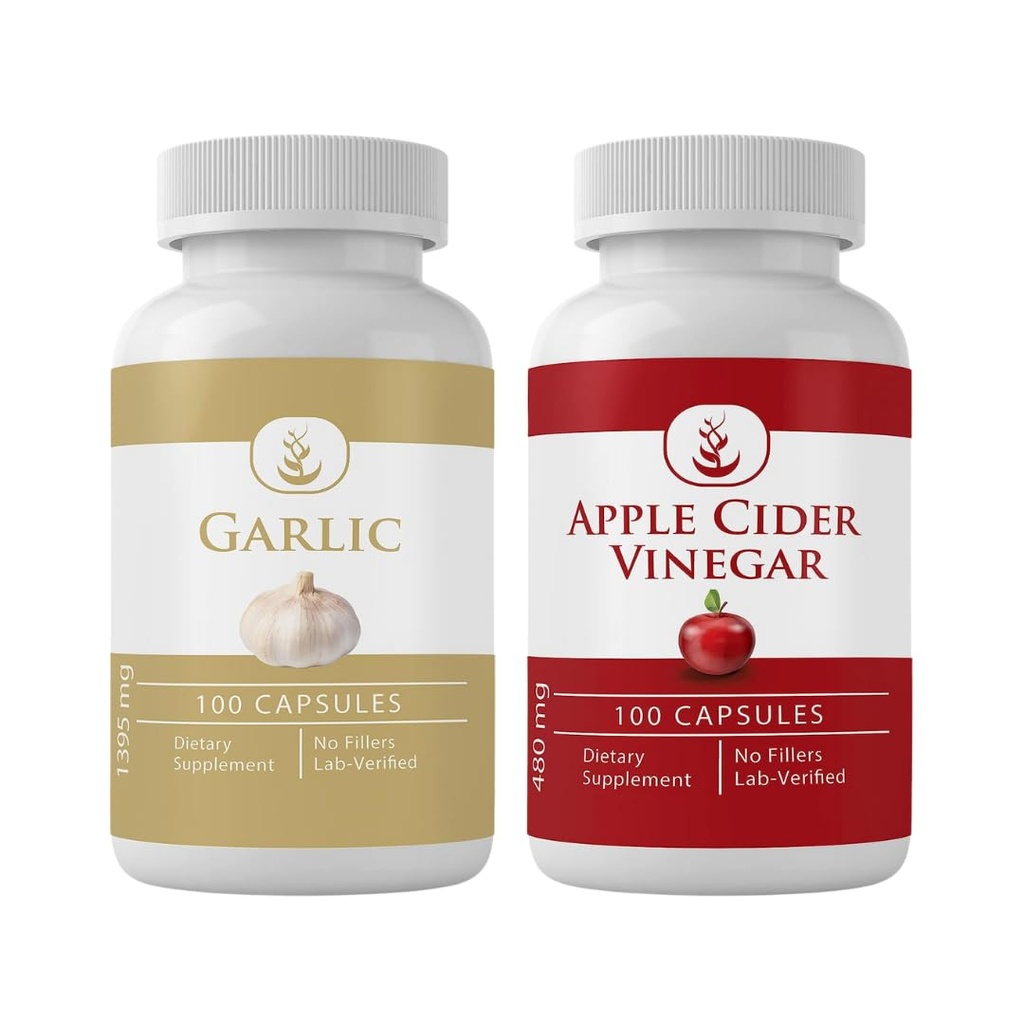 PURE ORIGINAL INGREDIENTS 마늘 & Apple Cider Vinegar 캡슐 번들 (100 캡슐 각각), 첨가물 또는 필러 없음, 실험실 검증