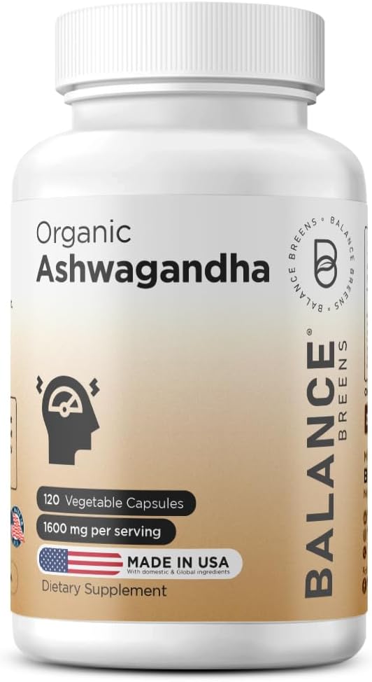 인증 유기농 Ashwagandha 1600mg, 120 Veg 캡슐 - 수면 및 균형 에너지 레벨 지원 (120 Count (Pack of 1))
