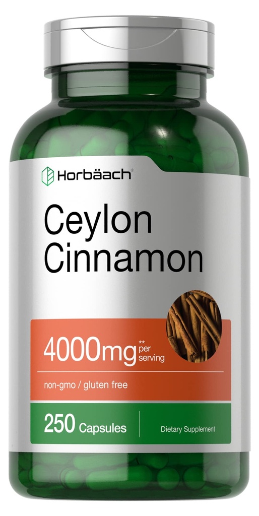 Horbäach Ceylon Cinnamon 캡슐 4000mg | 250 개 | 비 GMO, 글루텐 프리