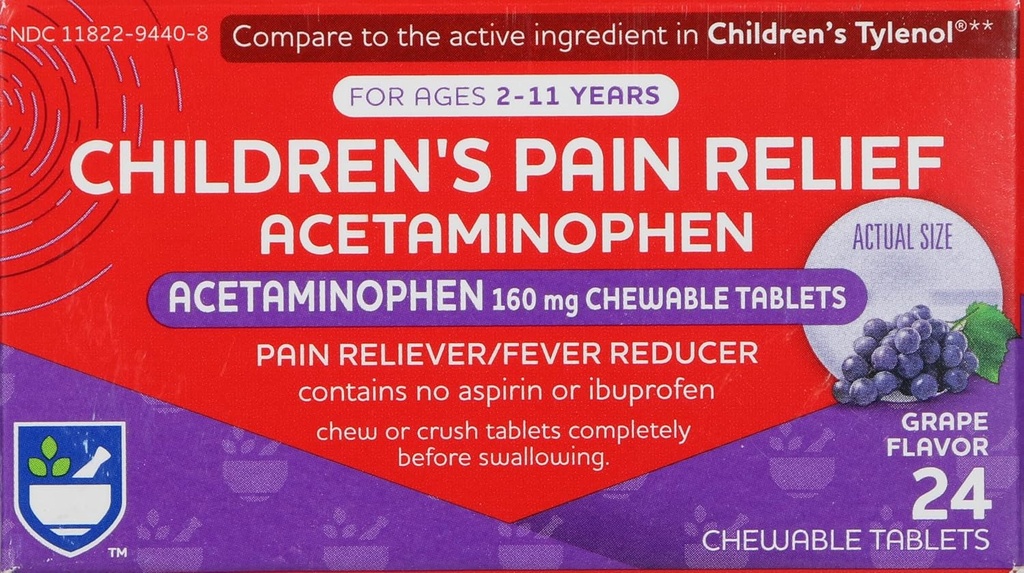 Rite Aid Children's Pain Relief Chewable Grape Tablets, Acetaminophen, 160 mg - 24 Count | 아이 연령 2-11 년 동안 통증 및 발진 | 알코올 무료, 아스피린 무료, Ibuprofen-Free