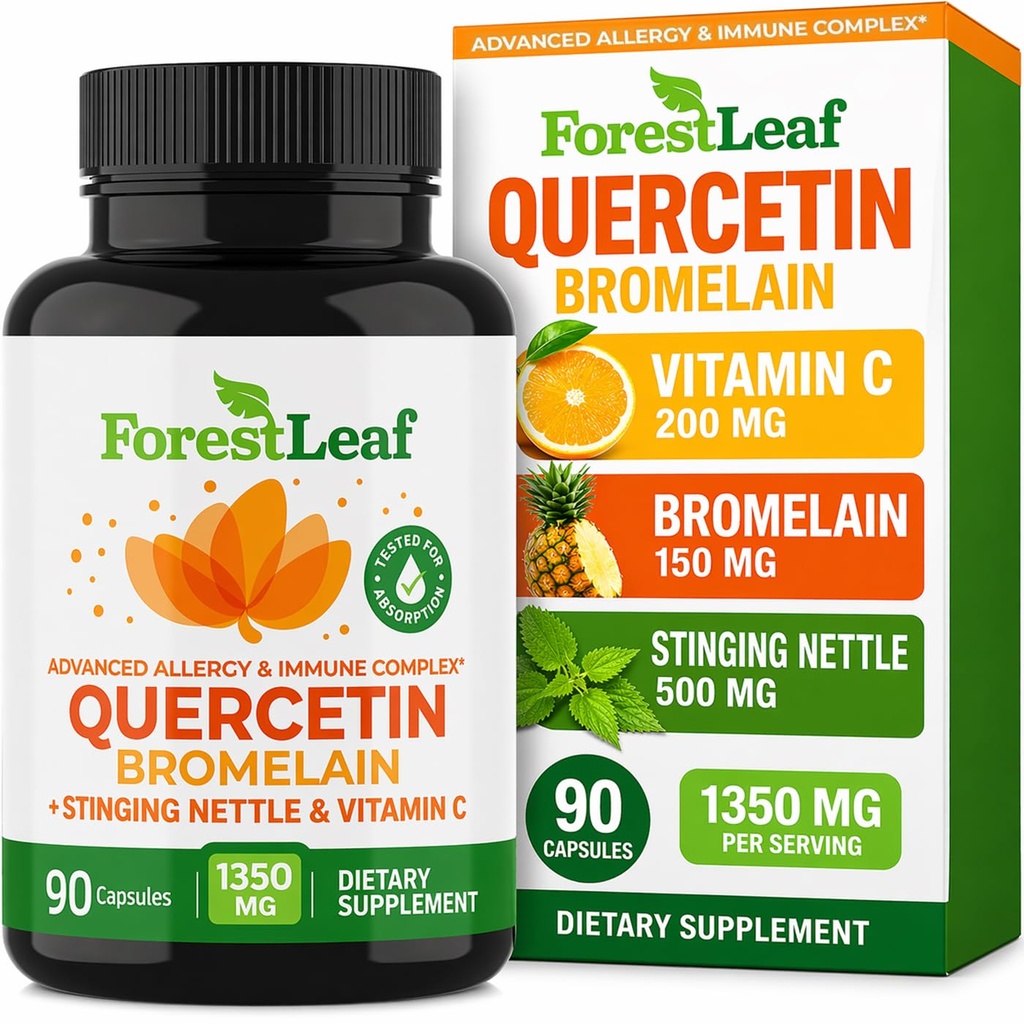 Bromelain 1350mg를 가진 ForestLeaf Quercetin - 비타민 C & 스팅 Nettle 보충교재, Quercetin 500mg 캡슐, 비 GMO 글루텐 자유로운, 자연적인 면역력 & 호흡 기능, 90의 Veggie 모자를 가진 혼합