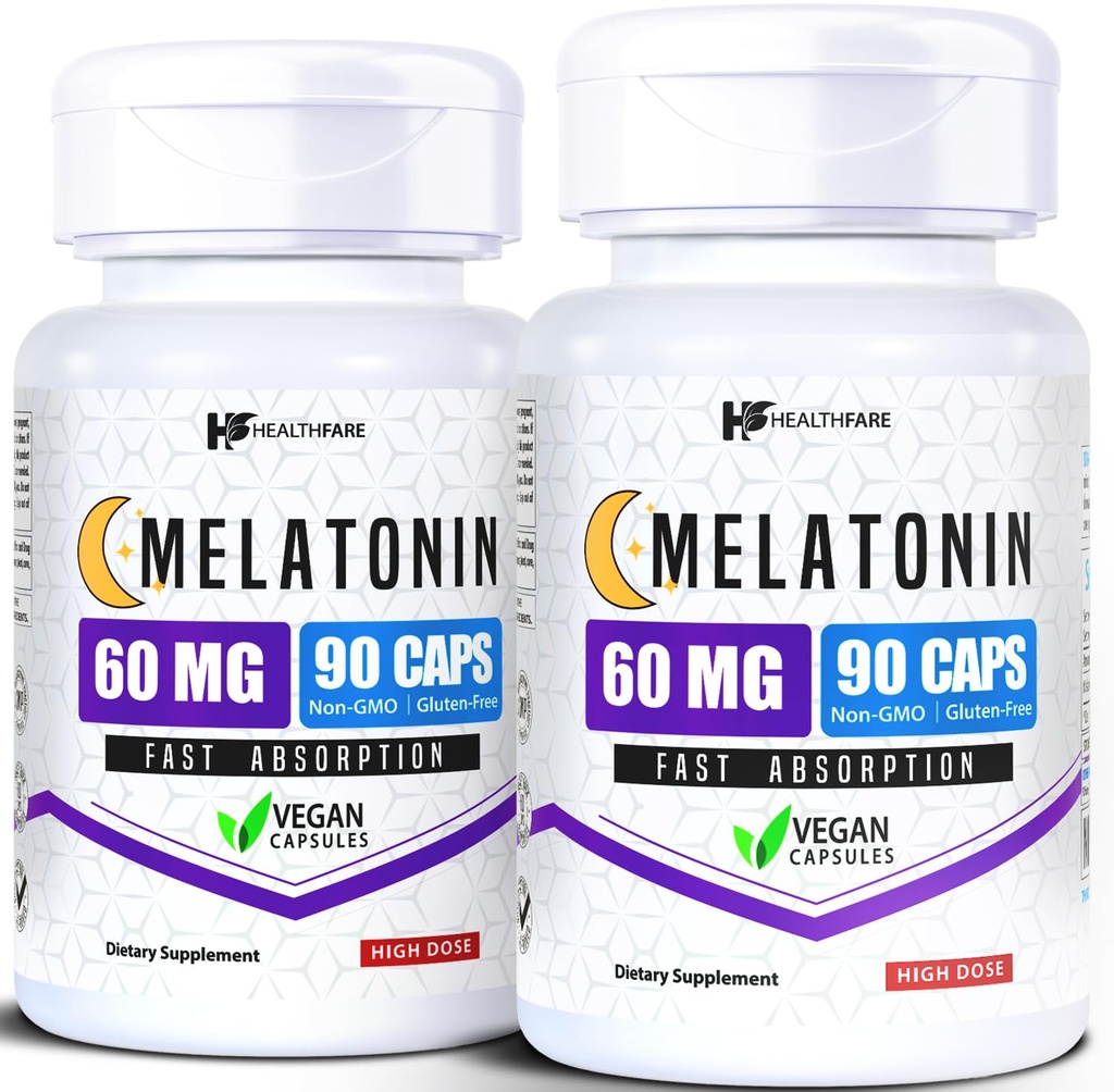 HealthFare Melatonin 60mg | 2 팩 | 90 Veg 캡슐 각 | 고스텐 포뮬러 | 채식주의, 비 GMO, 글루텐 프리 | 미국