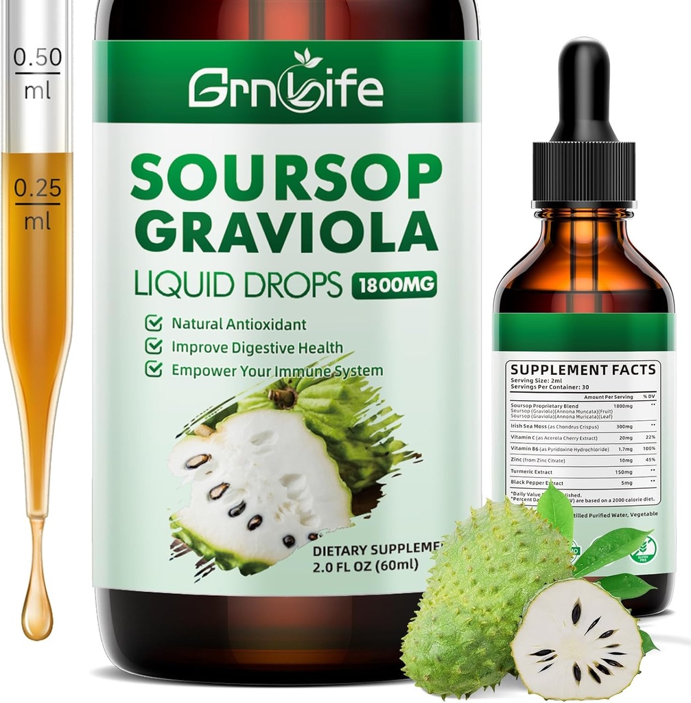 (1 팩) Soursop Graviola 액체 드롭 바다 Moss & Turmeric, Soursop Bitters 액체 셀 지원 및 재생, 산화 방지제 및 면역, 2 Fl / Oz