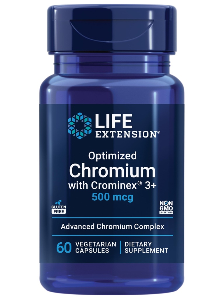 Crominex를 가진 수명 연장 낙관된 크롬 3+ 500 mcg, 대사 건강, 건강한 균형, 채식주의자, 글루텐 자유로운, 비 GMO, 500 mcg, 60 채식 캡슐