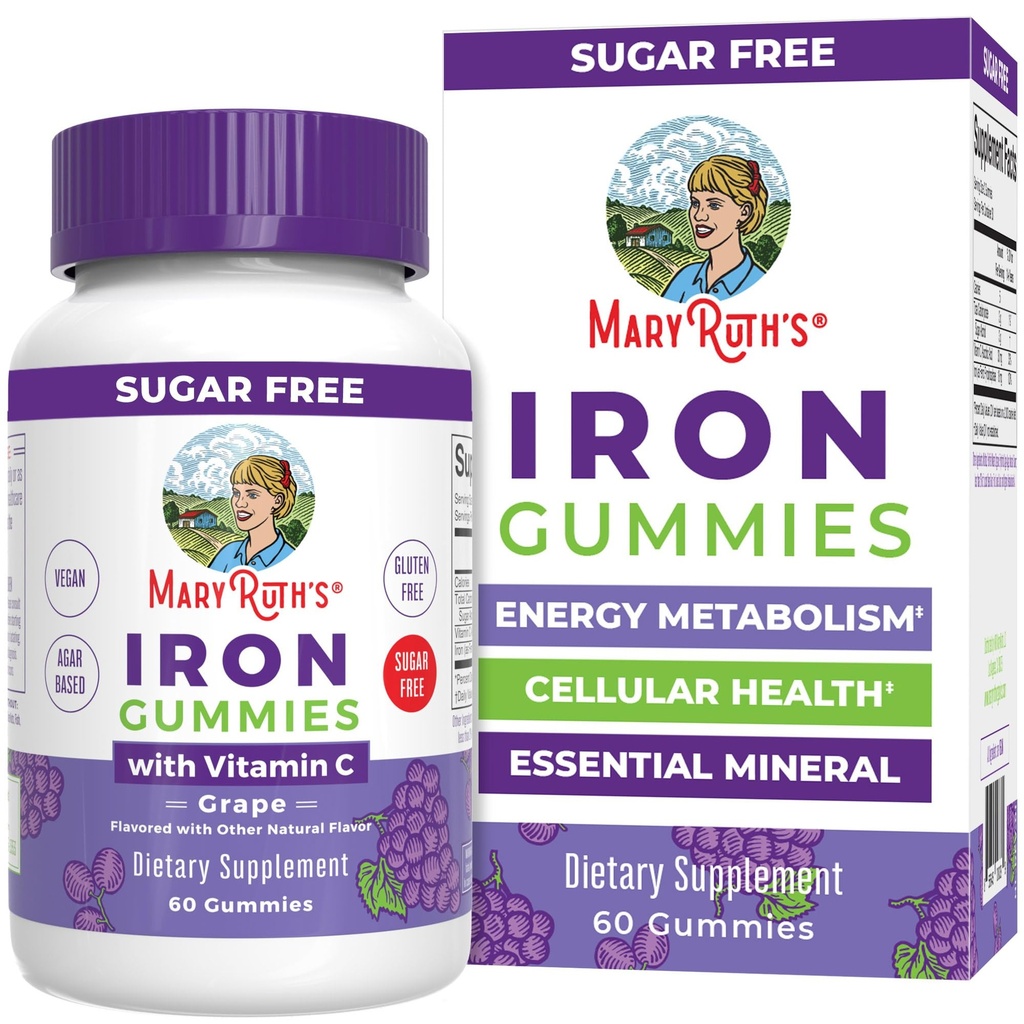 MaryRuth Organic Iron Gummies for 14+ with Vitamin C for Absorption | Sugar Free | Gummy Iron Supplement + VIT C | 에너지 대사 | 세포 건강 | 면역 지원 | Vegan | 비 GMO | 60 Count