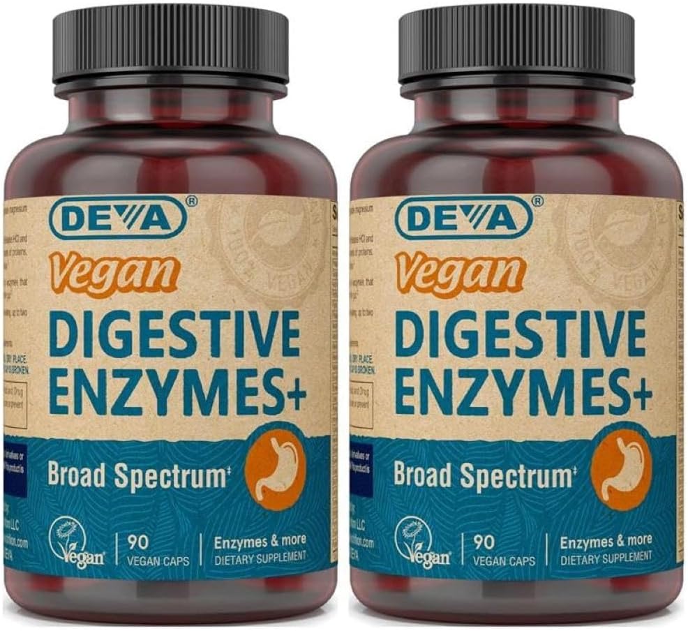 Deva Vegan 비타민 Digestive Enzymes Plus 보충 - 효소 및 허브의 독특한 혼합 - 90 캡슐 (포장 2) 패키지 5 월 Vary