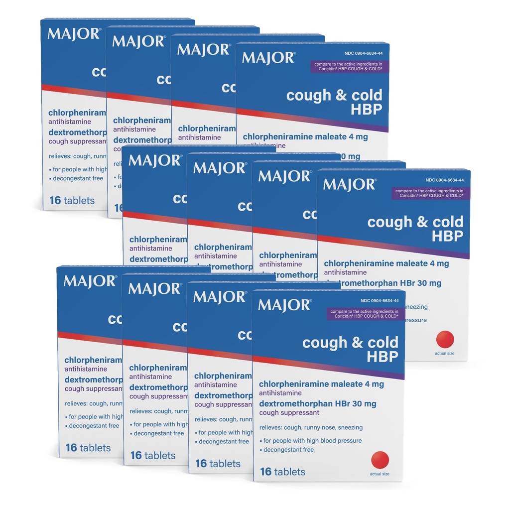 MAJOR 기침과 찬 HBP 정제 - 고혈압을 가진 사람들을 위한 항히스타민과 기침 억제제 - Dextromethorphan HBr, Chlorpheniramine Maleate - 16 조사 (12 팩)
