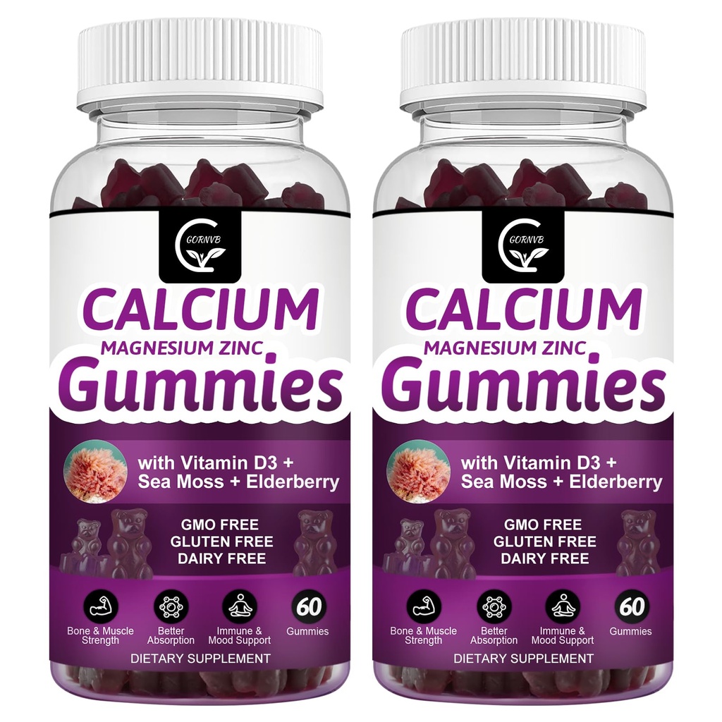 칼슘 마그네슘 아연 Gummies 높은 흡수 마그네슘 글리세라이드 칼륨 - 식물 복합 칼슘 마그네슘 2 : 1 비율, Bone, 근육, 면역 및 수면 지원, Vegan-2 팩에 대한 D3 바다 모스와