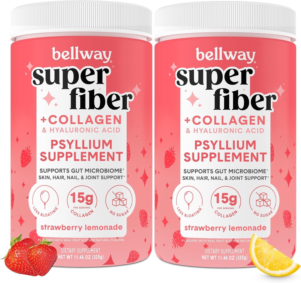 Bellway Super Fiber Powder + Collagen (2 Pack), Gut Health, Healthy Skin, Nails, Bones & Joints, Strawberry Lemonade (22.92 oz)에 대한 Collagen Peptides가있는 Sugar-Free Psyllium Husk Powder