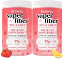Bellway Super Fiber Powder + Collagen (2 Pack), Gut Health, Healthy Skin, Nails, Bones & Joints, Strawberry Lemonade (22.92 oz)에 대한 Collagen Peptides가있는 Sugar-Free Psyllium Husk Powder