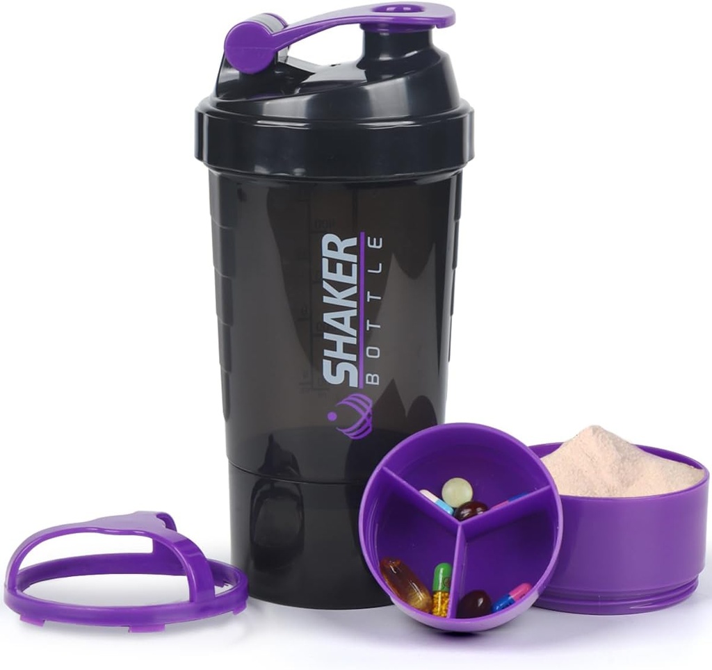 단백질 셰이커 병, 저장을 가진 단백질 분말을 위한 16 oz Shake 컵, 스포츠 물병, 단백질 혼합을 위한 알약 쟁반 누출 증거 Shake 병을 가진 3oz 컵 떨어져 비 미끄러짐 3개의 층 강선전도